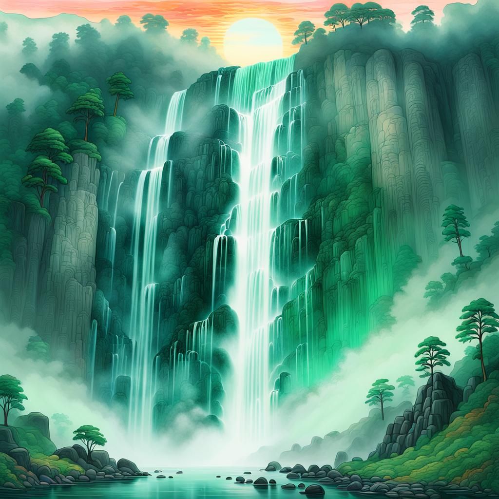 Shimmering Waterfall Glass Etching in Surreal Style