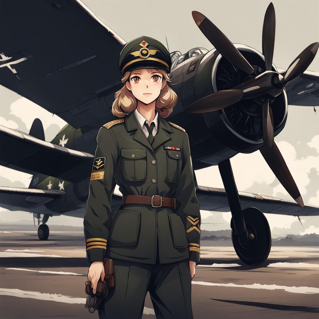 WWII Pilot in Anime Style with Fighter Plane