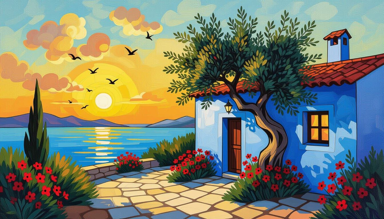 Mediterranean Cottage at Sunset in Surreal Style