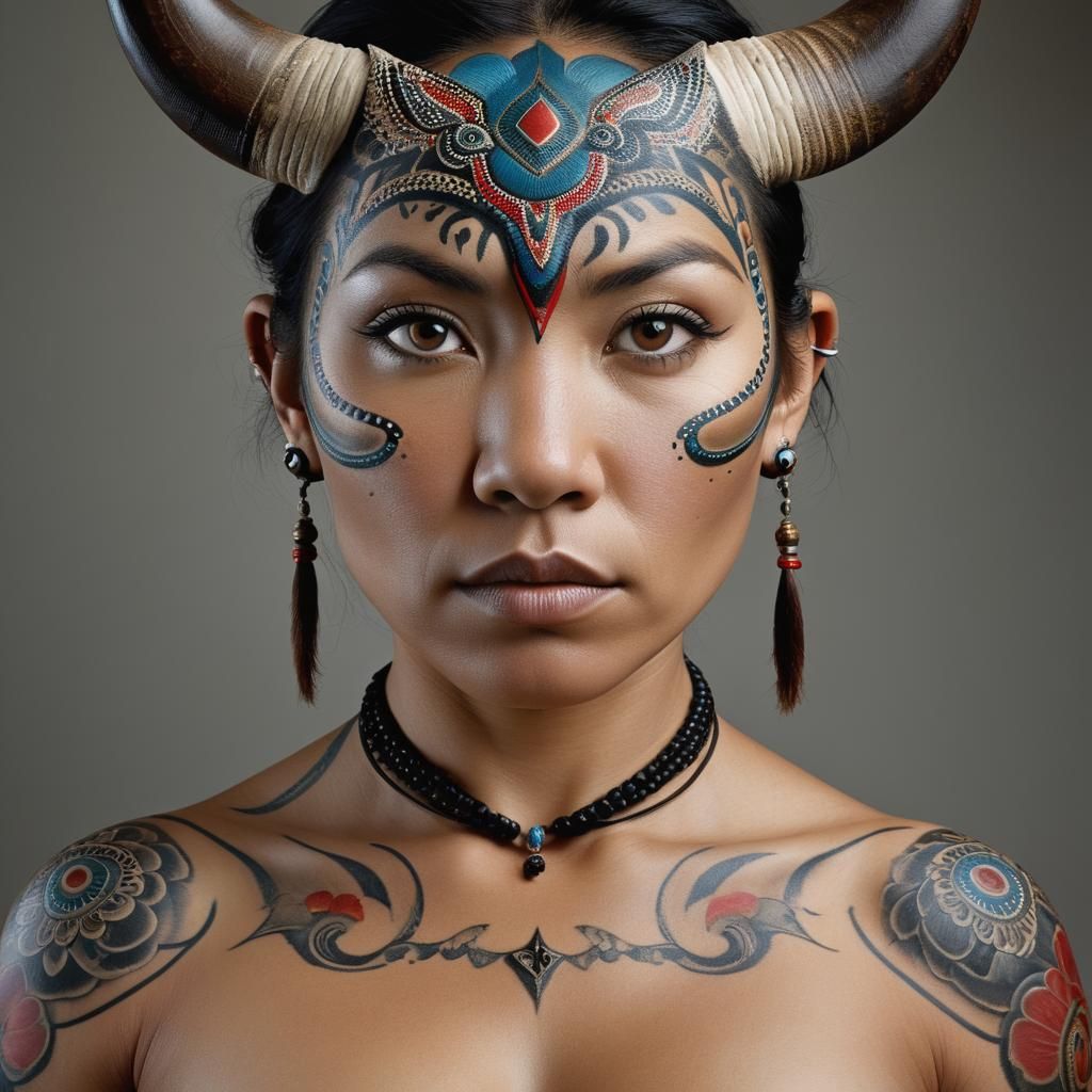 Striking Minotauress Portrait with Tattoos