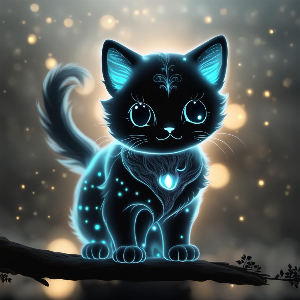 Bioluminescent Chibi Ghost Cat with Bokeh Effect