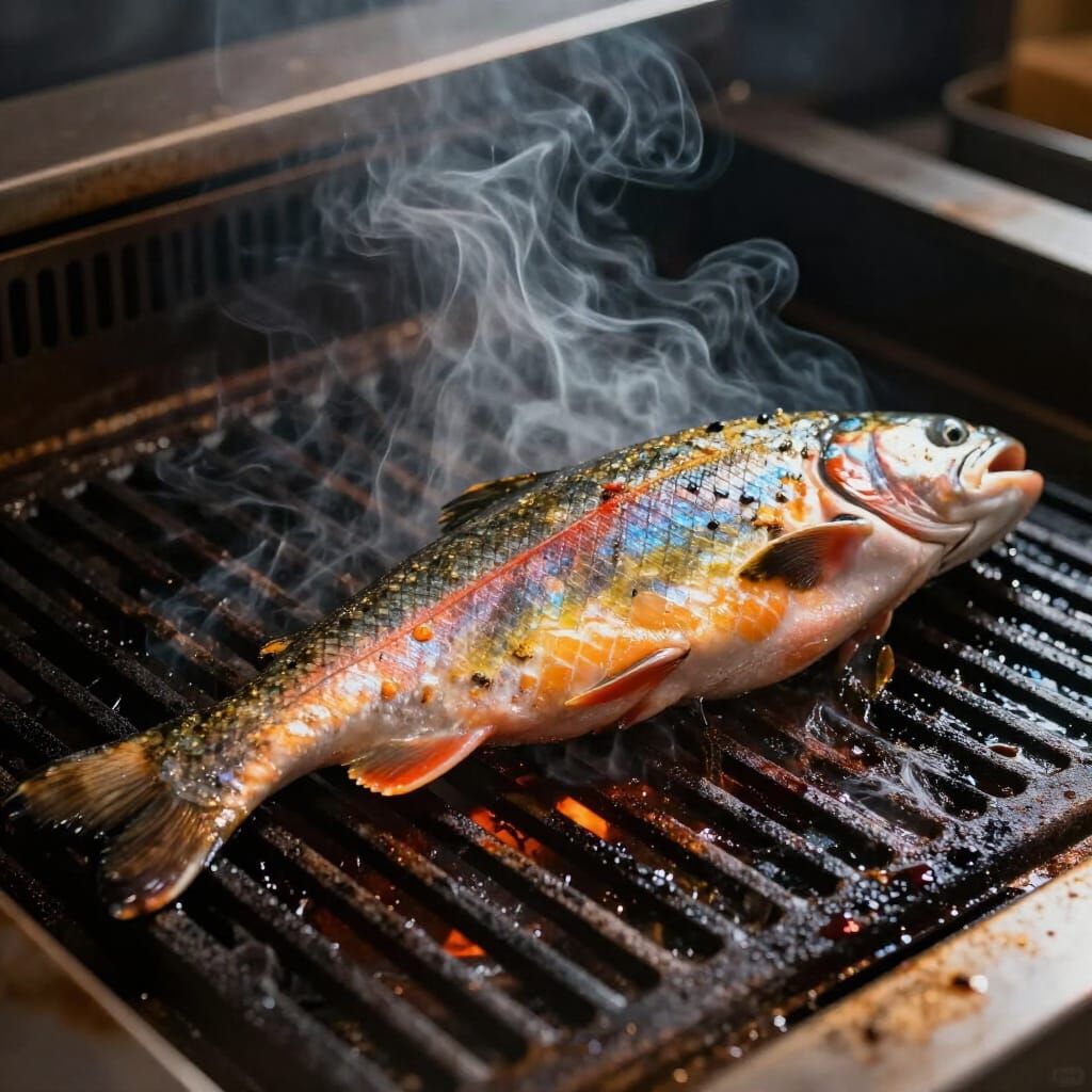 Photorealistic Salmon Sizzling on a Hot Plancha Grill