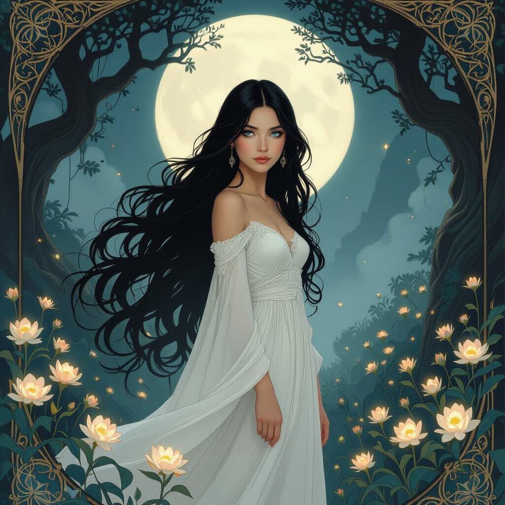 Ethereal Woman in Moonlit Garden, Art Nouveau Style