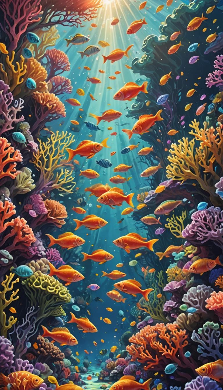 Colorful Fish and Coral Reef in Surreal Style