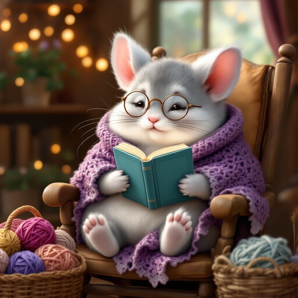 Cozy Silver Chinchilla in Purple Shawl, Reading by the Fire