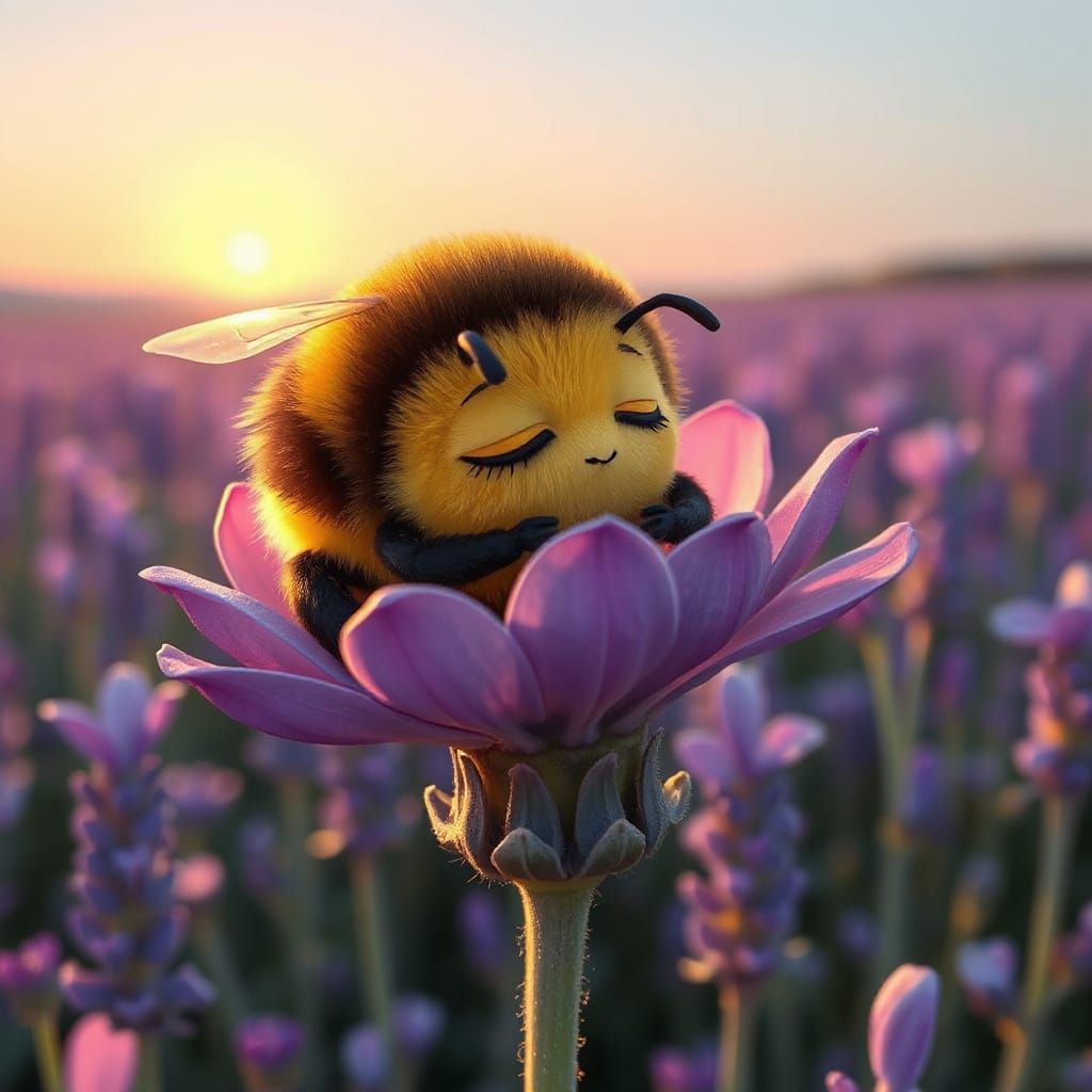Sleepy Bee on Lavender: 2D Disney Cartoon
