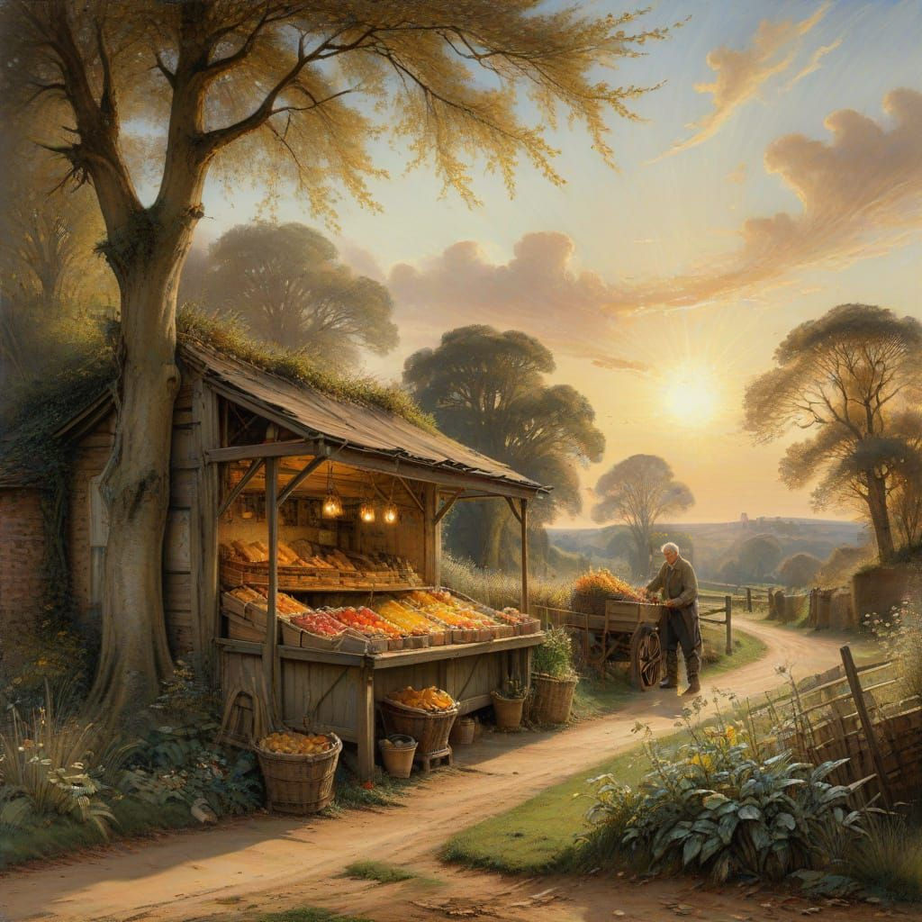 Golden Hour at Rural Fruit Stand: Romanticism