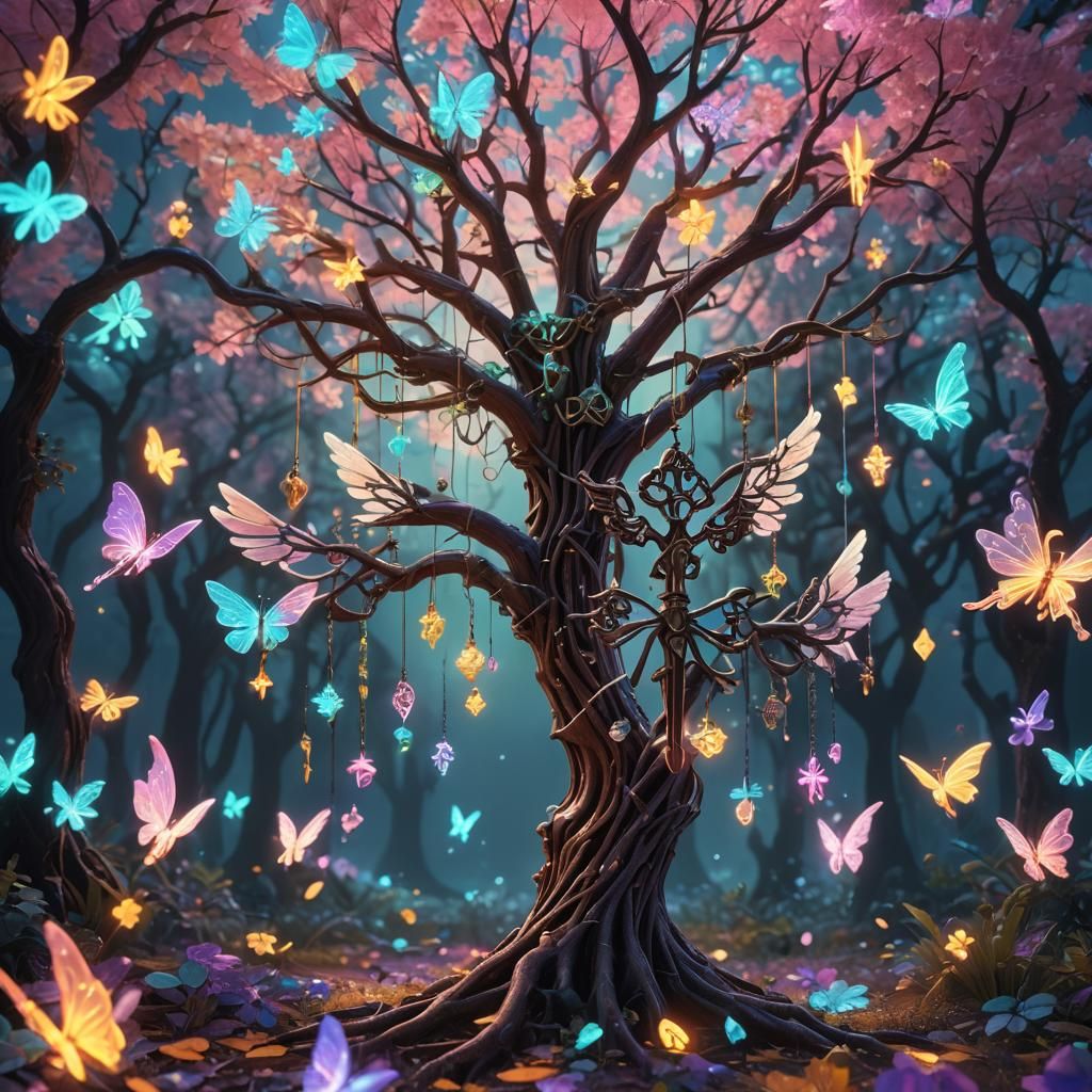 Magical Fairy Keys and Neon Tree: Fantasy Art