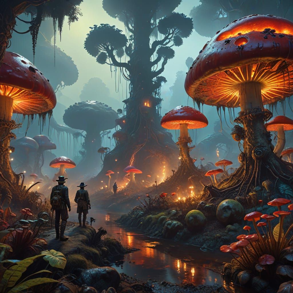 Settlers Explore Alien Jungle in Surrealist Style