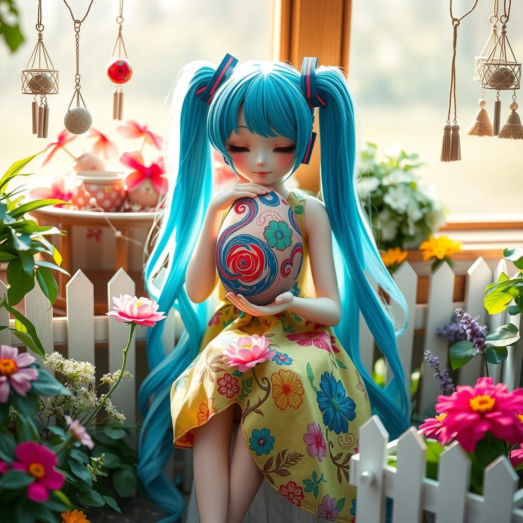 Vibrant Spring Scene with Hatsune Miku and Marbled Egg