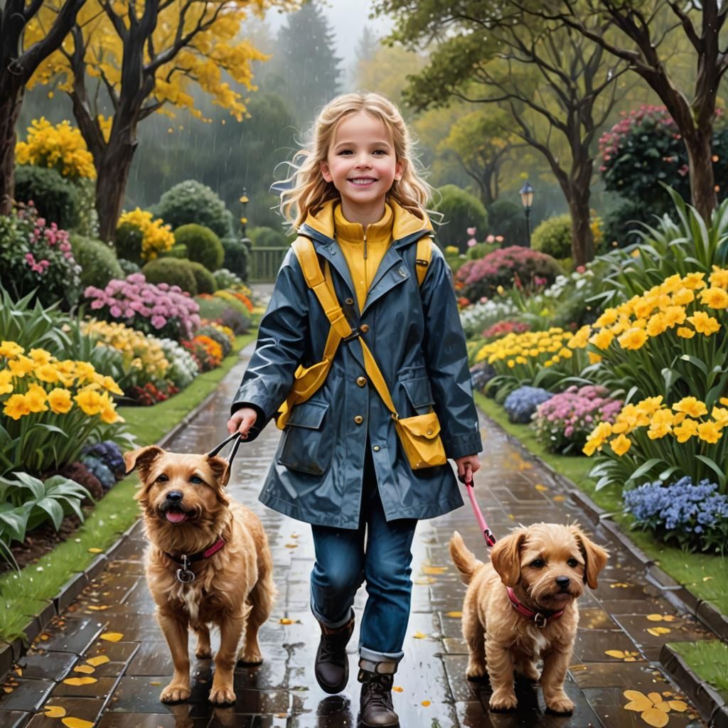 Rainy Flower Garden Scene with Girl and Dog