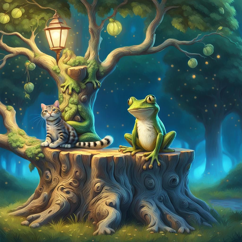 Whimsical Frog and Cat Fantasy Art