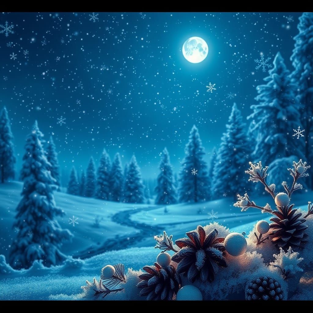 Blue Winter Wonderland with Snowflakes and Ornaments