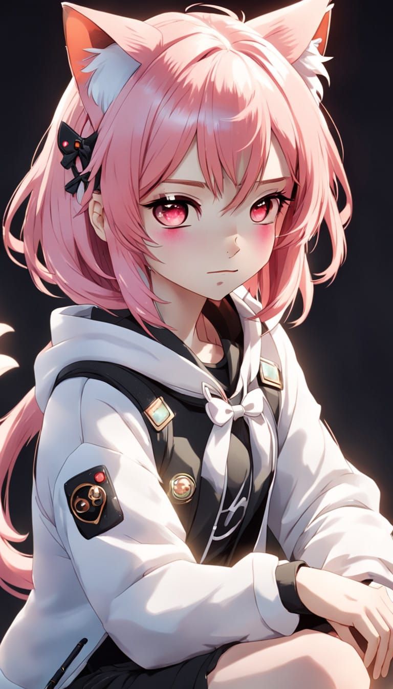 Elegant Anime Feline Maiden in Pastel Pink Locks