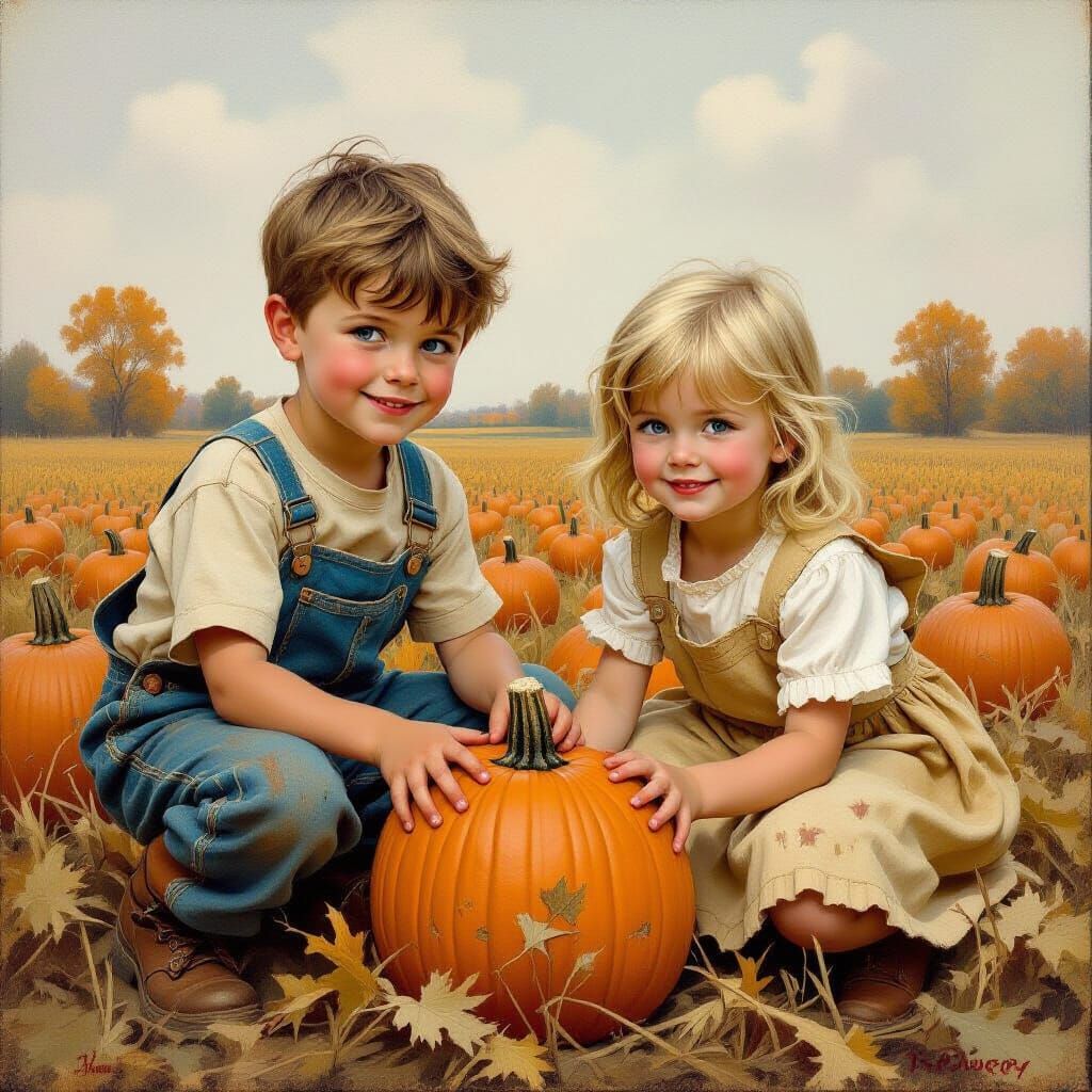 Children Harvesting Pumpkins in a Field, Oil Painting