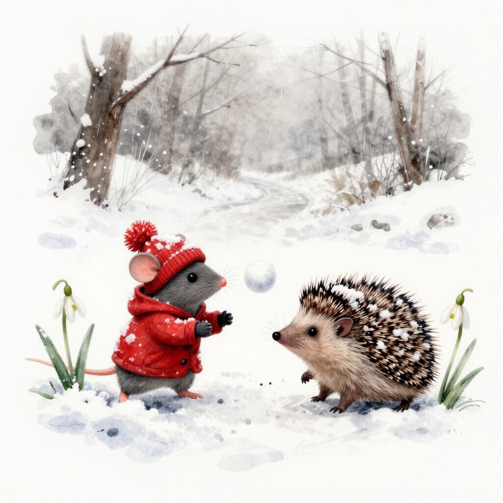 Mouse and Hedgehog Winter Snowball Fight in Watercolour