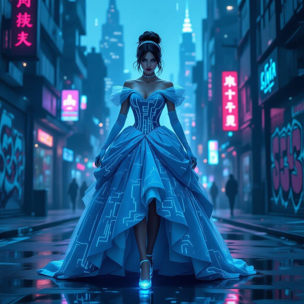 Cyberpunk Cinderella in Dystopian City