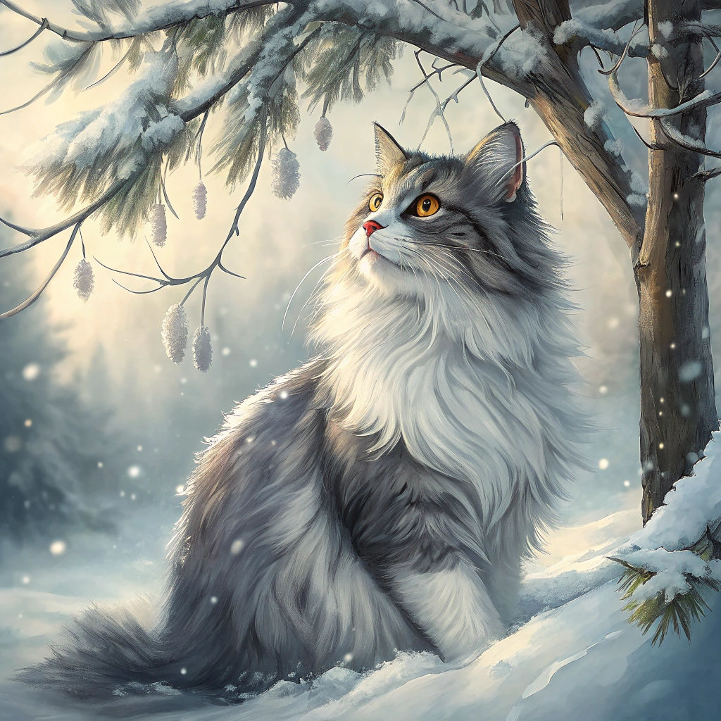 Regal Cat Portrait Under Snow-Laden Tree