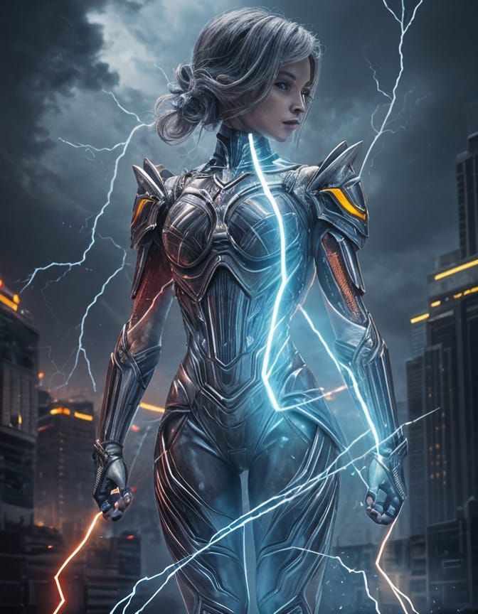 Villain Woman Commands Lightning in Futuristic Armor