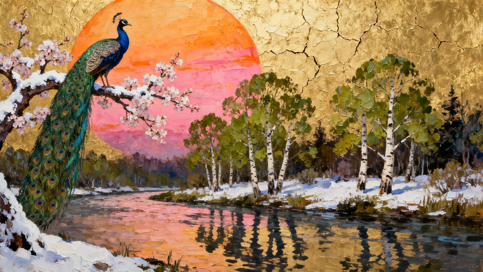 Peacock on Cherry Blossoms, Impasto Painting on Gold Cracked...