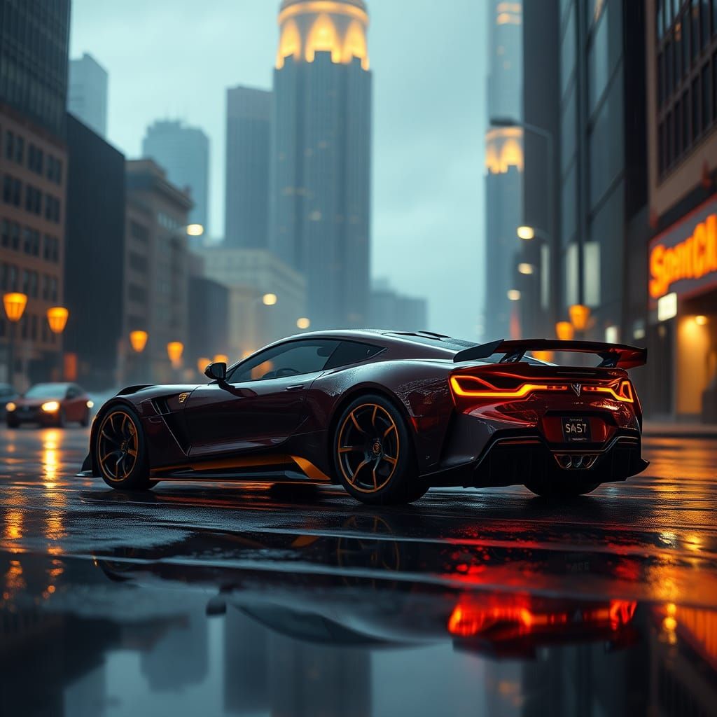 Maroon and Gold Sports Car on Rainy Street