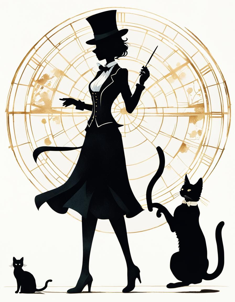 Silhouettes of Woman and Cat in Anime Style