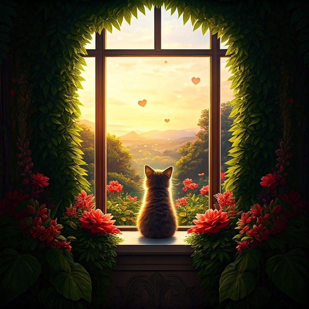 Cat in Ornate Window with Sunset, Fairytale Art
