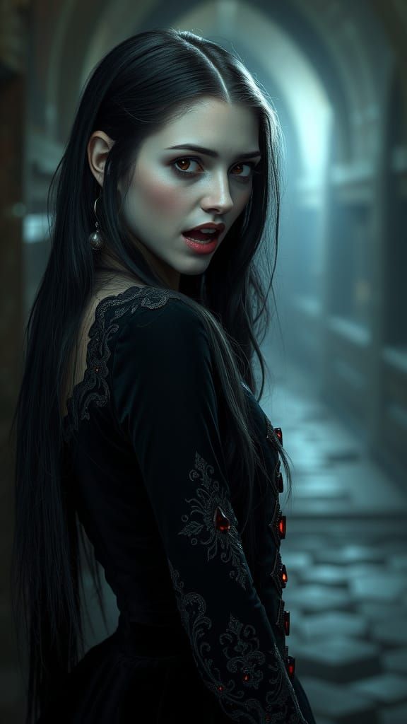 Vampire Girl with Ruby Dress in Dark Fantasy Style