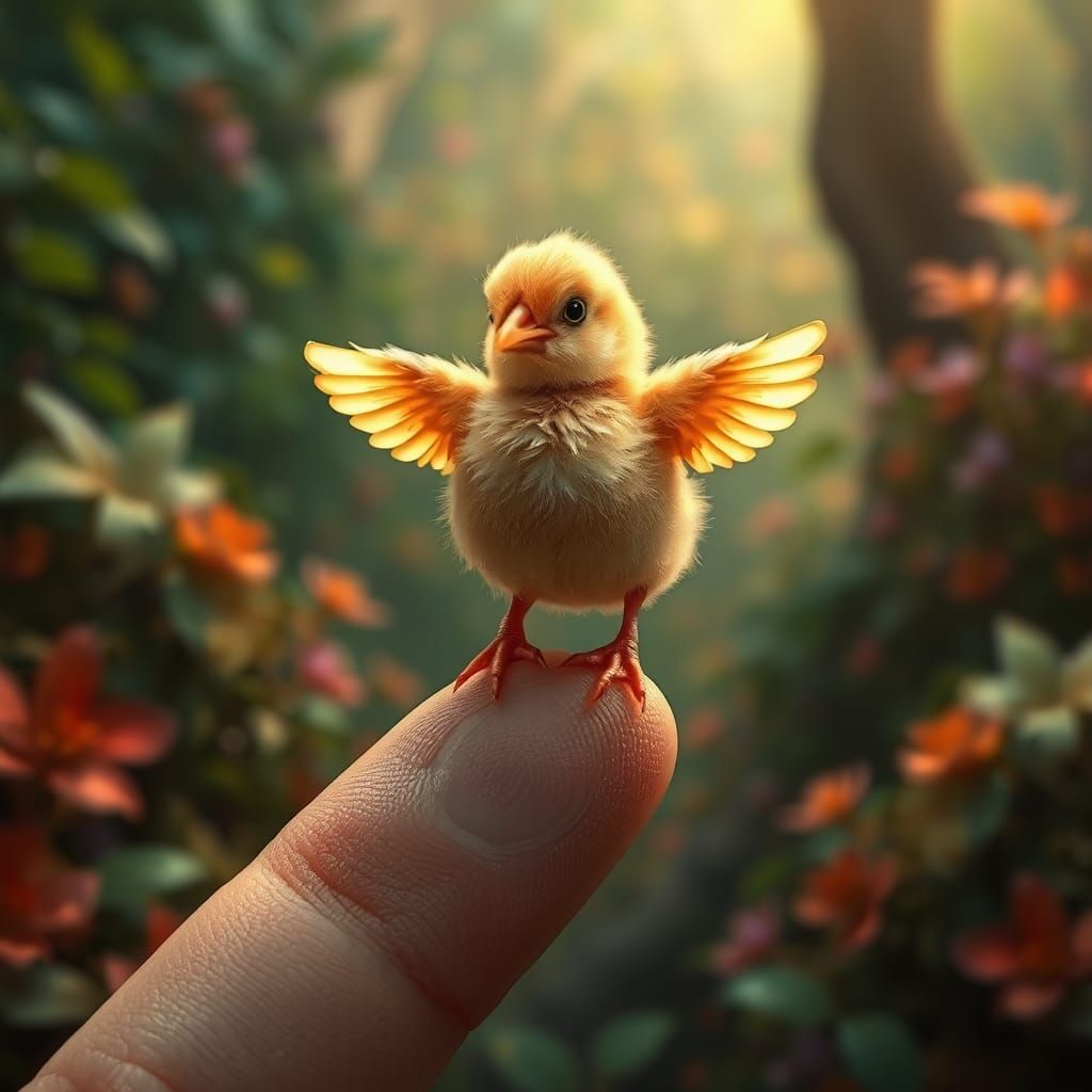 Miniature Chick in Mystical Forest, Fantasy Concept Art