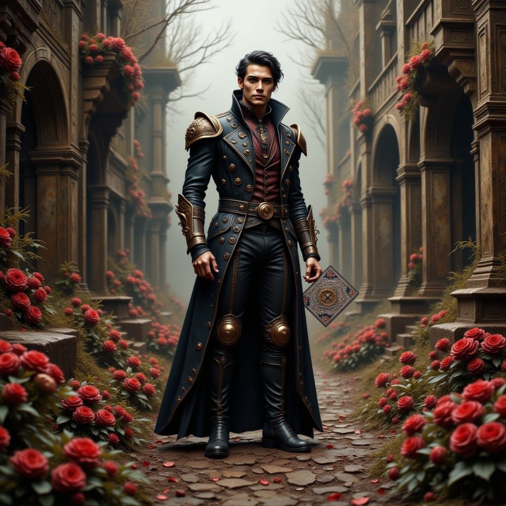 Prince in Ruined Steampunk City with Cosmic Playing Card