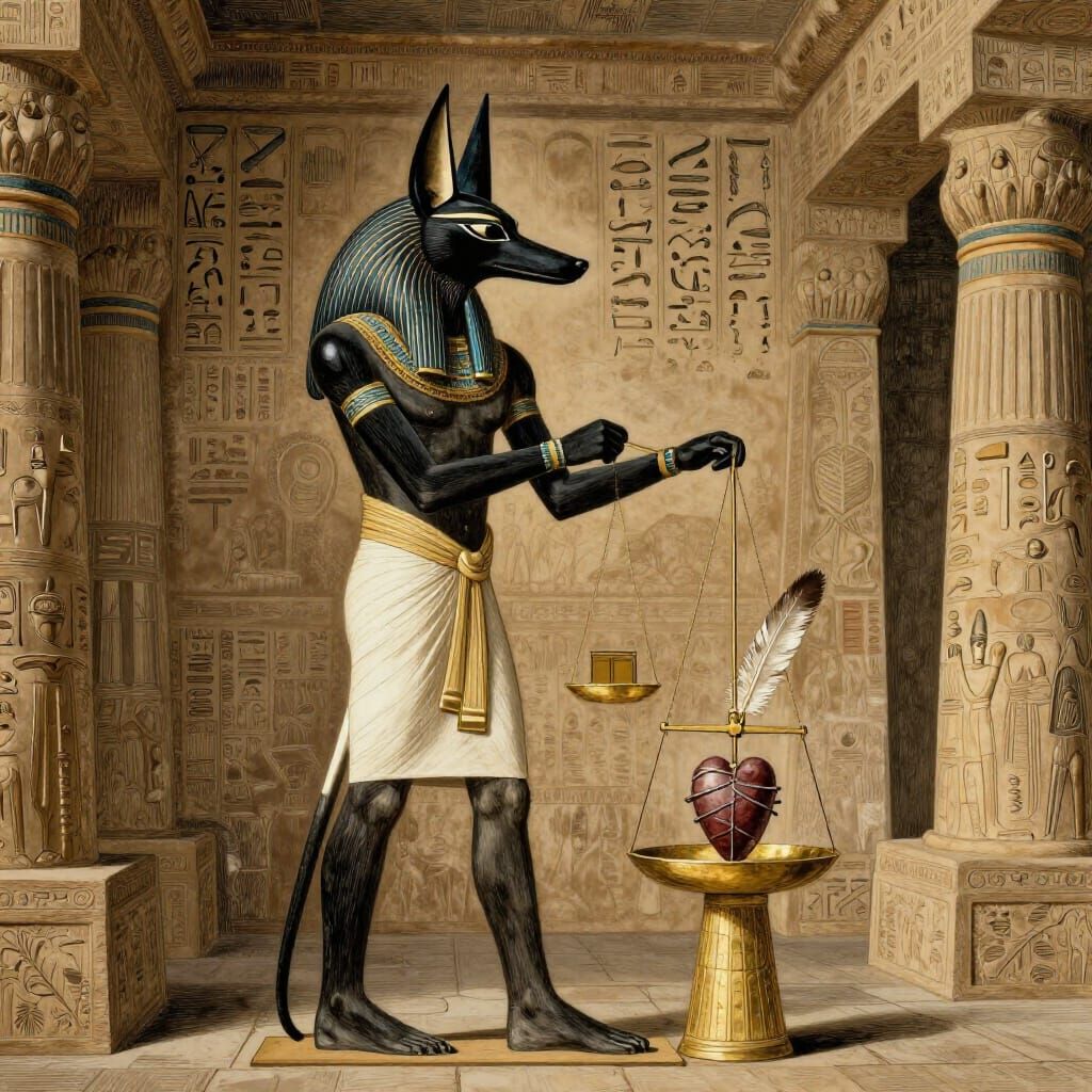 Anubis Weighs Heart Against Feather of Ma'at in Ancient Temp...