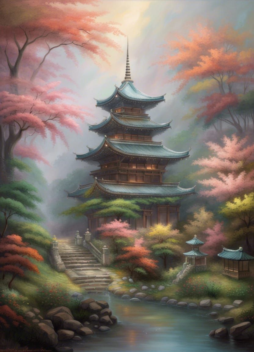 Lush Japanese Temple in Hyperdetailed Oil Painting