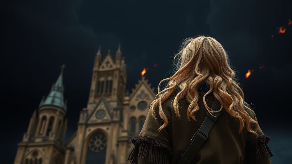 Young Blond Knight Awakens Before Gothic Cathedral at Night