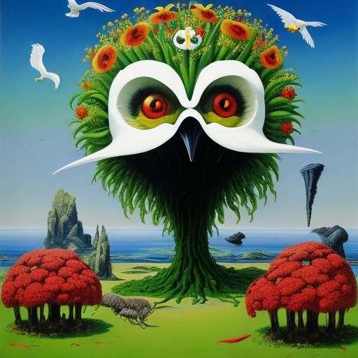 Carnivorous Flowers Guarded by Bird: Surreal Oil Painting