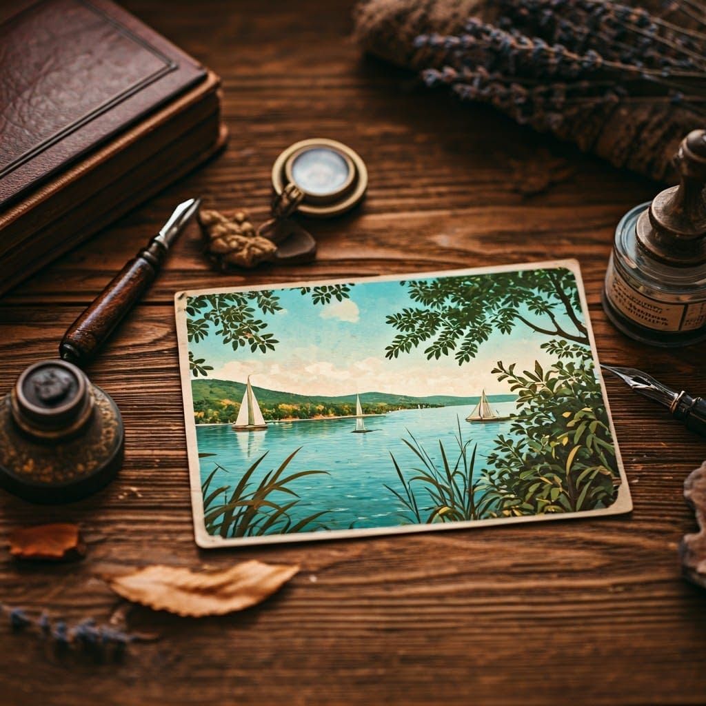 Vintage Lake Balaton Scene in Art Nouveau Style
