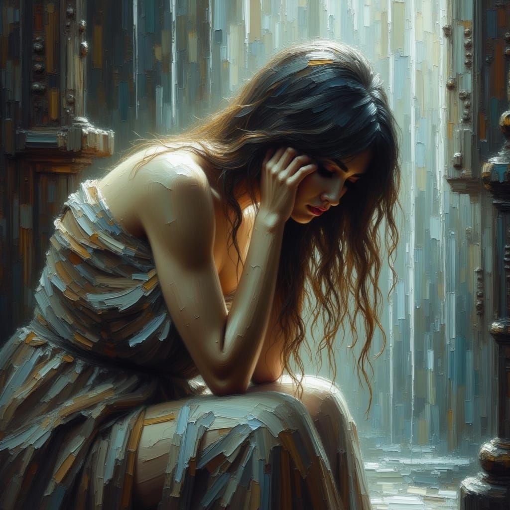 <lora:ImpastoRama:1.0> Very sad lady crying a waterfall of tears.