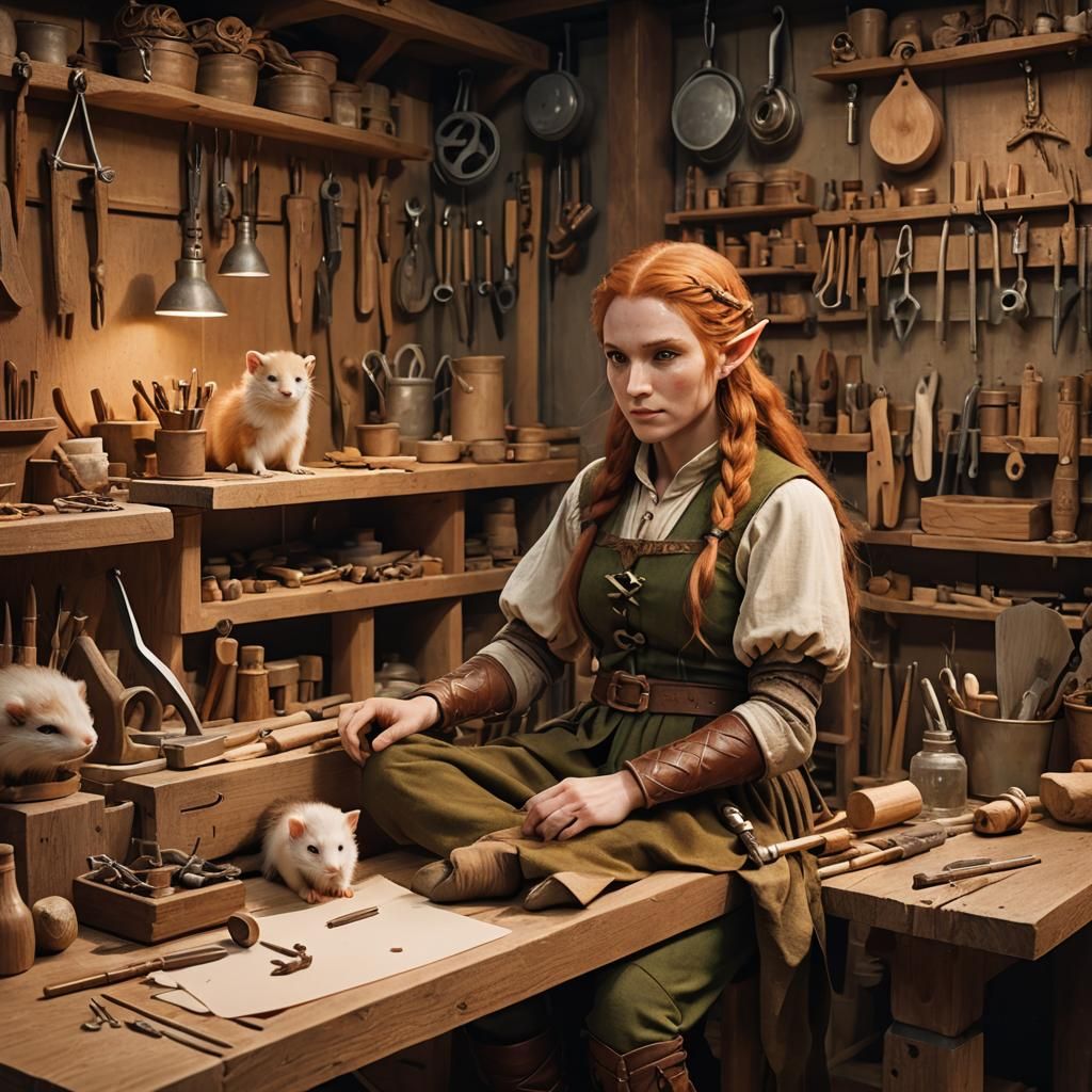 Fantasy Elf Craftsman at Work, Watercolor Illustration