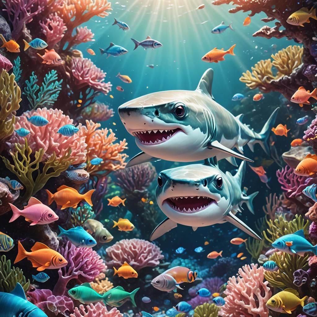 Cute Baby Shark in Coral Reef, Fantasy Art