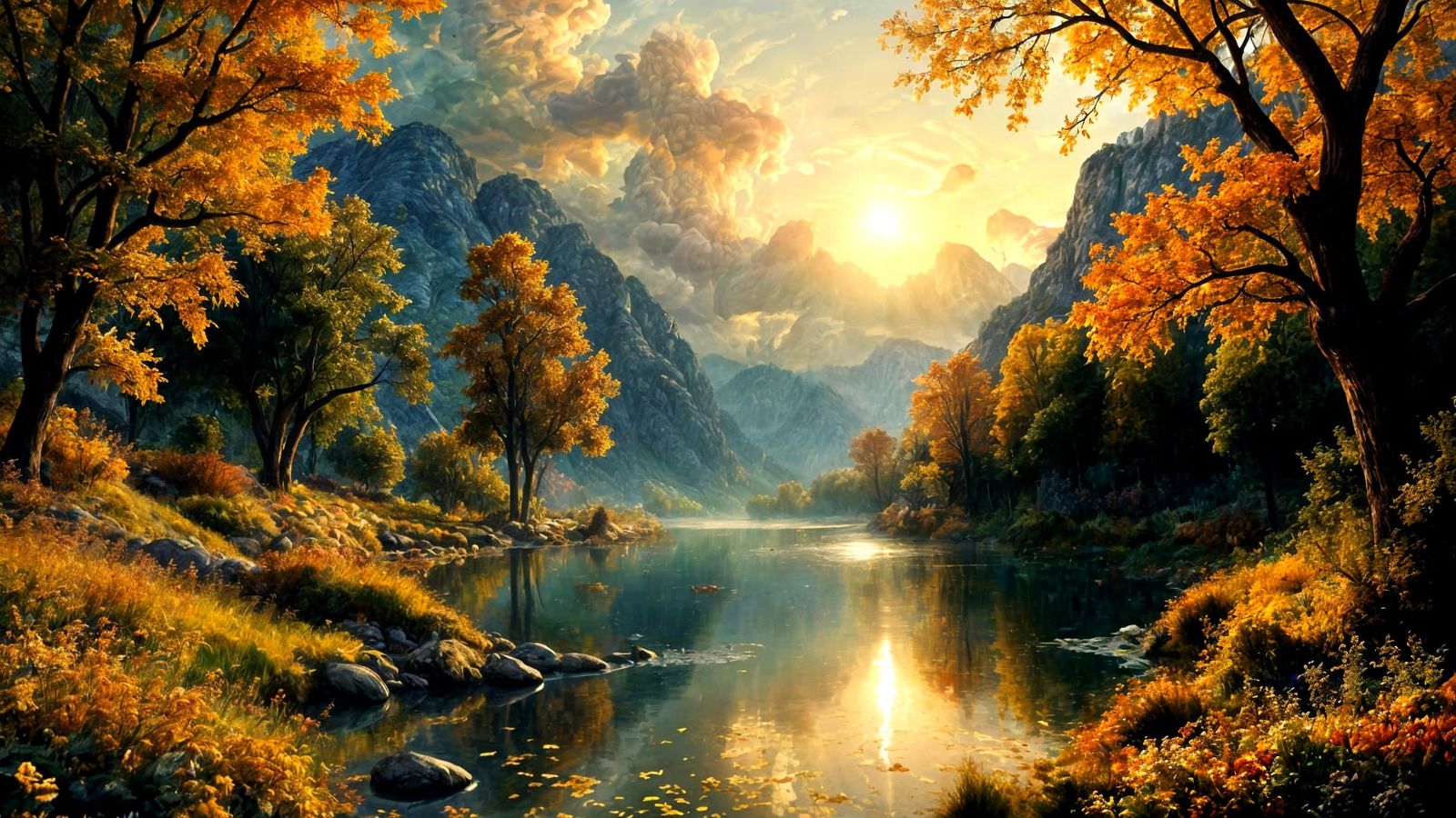 Divine Autumn Garden Landscape in Impasto Style