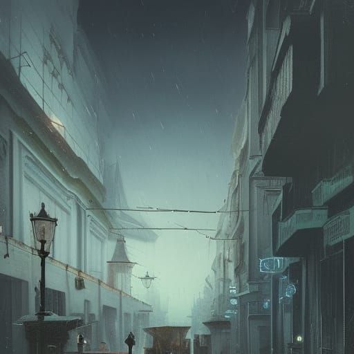 Eerie Driftwood City Street at Night in Surrealist Style