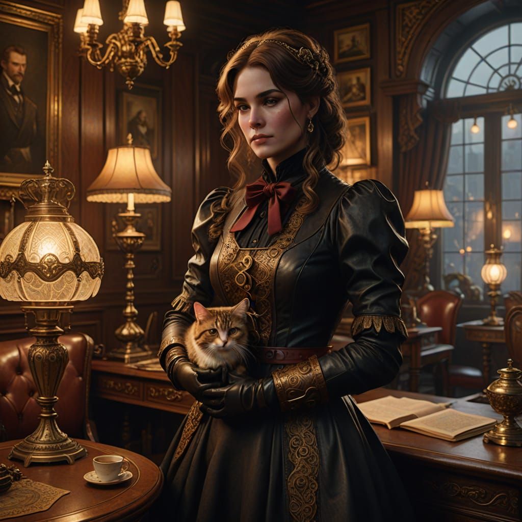 Steampunk Woman in Elegant Victorian-Era Attire Holds a Fluf...