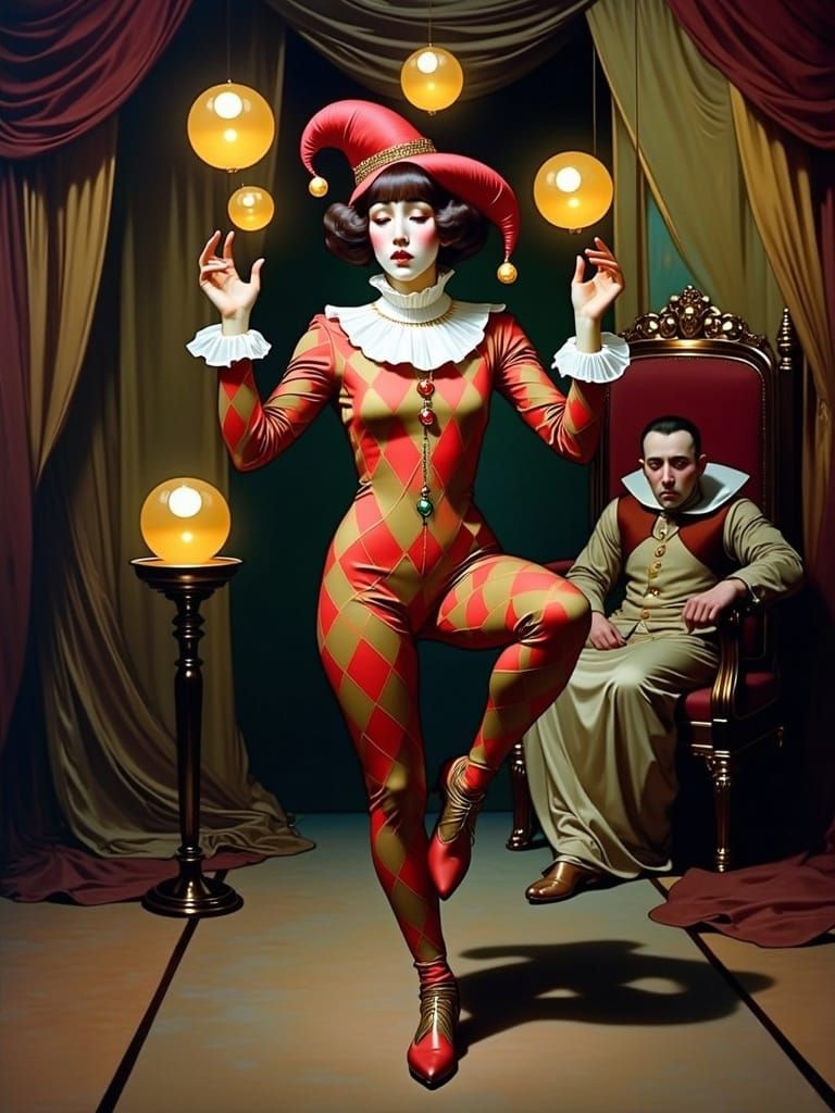Vibrant Jester in Art Nouveau Style Juggles with Melancholy
