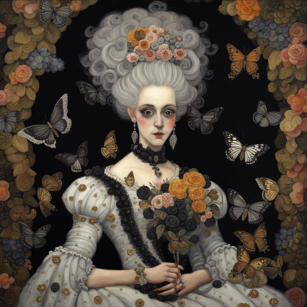 Gothic Marie Antoinette with Moths and Flowers