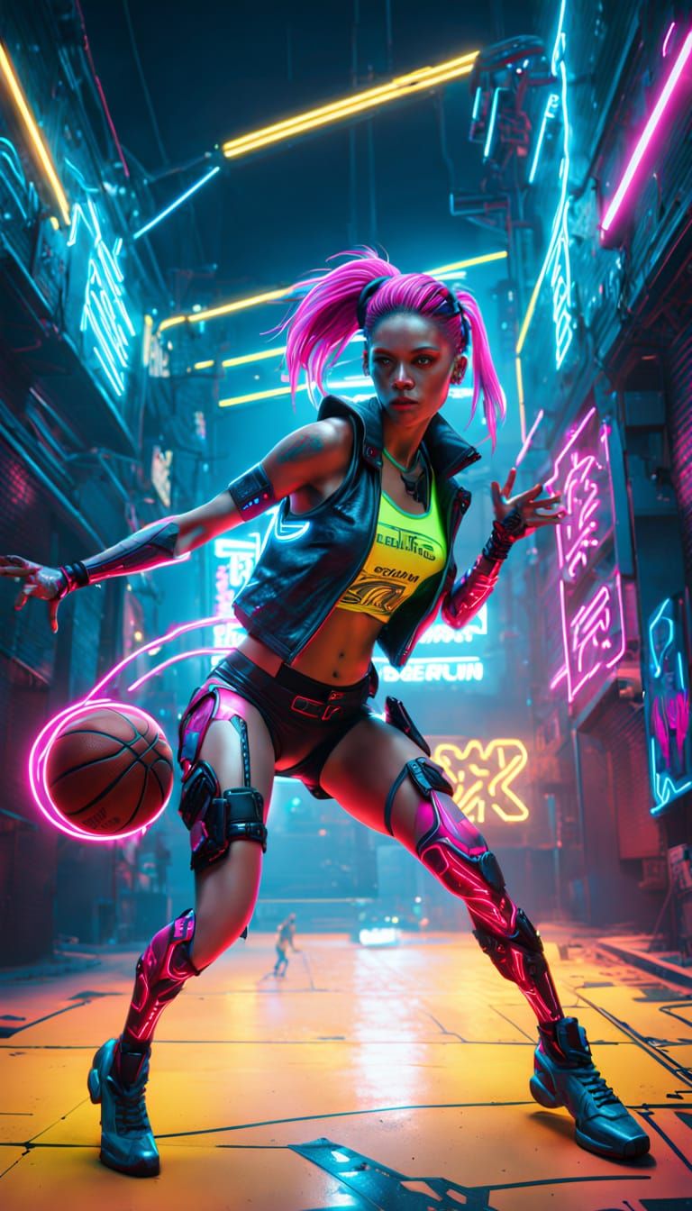 Cyberpunk Basketball Player with Cybernetic Limbs