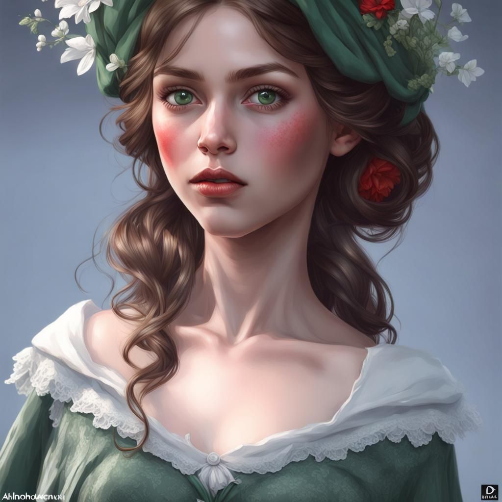 Victorian Girl Portrait with Red Flowers