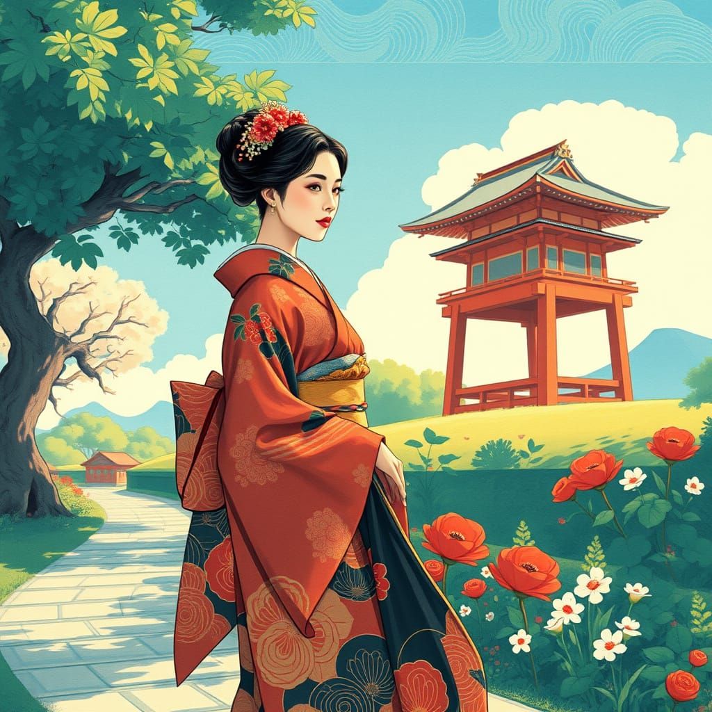 A beautiful Japanese woman in traditional dress walking in t...