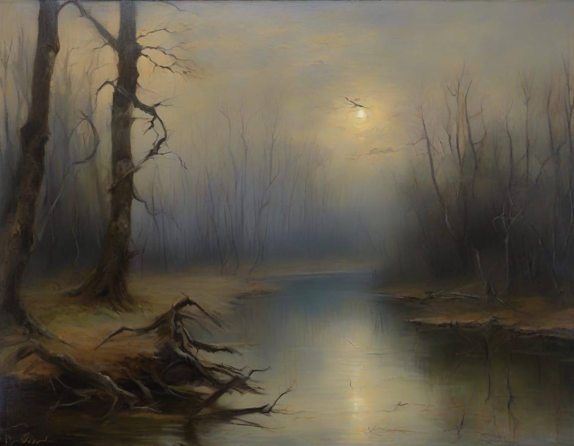 Haunting Swamp Oil Painting in Romantic Style