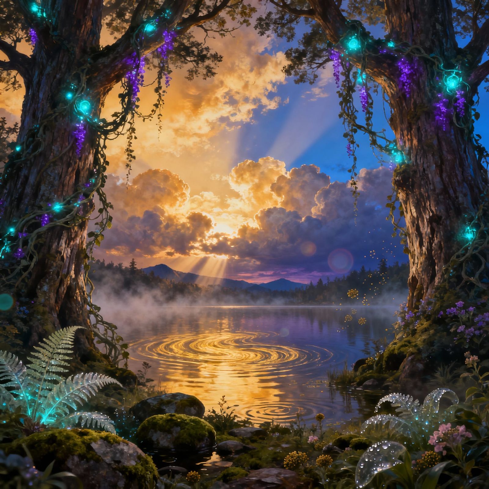 Serene Golden Hour Landscape with Ancient Trees and Glowing ...