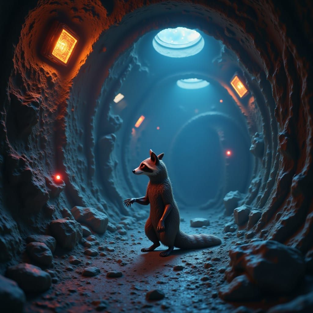Celestial Raccoon Explores Derelict Spaceship in Sci-Fi Art