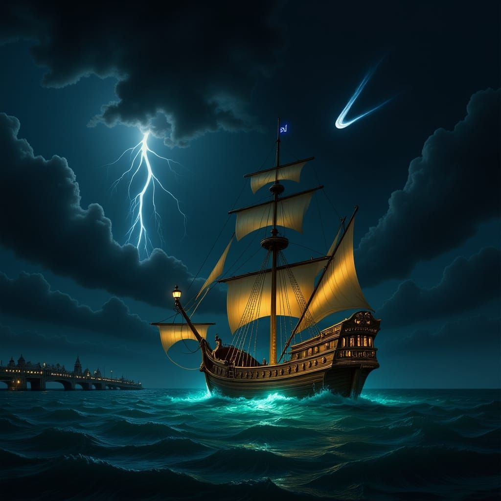 Golden Pirate Ship in Mystical Cloudscape